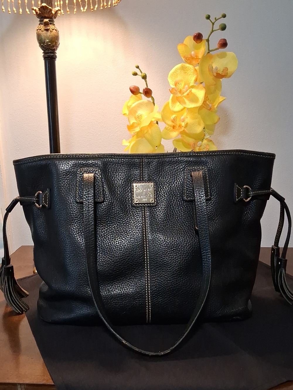 Dooney & Bourke Black Pebbled Leather Tote with Tassel Details
